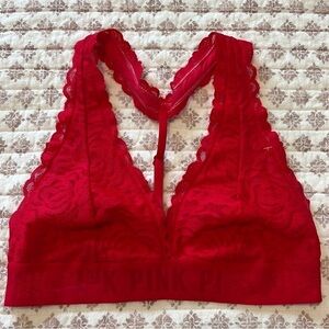 VS Pink Logo Band Floral Lace Racerback Bralette Red Size Small